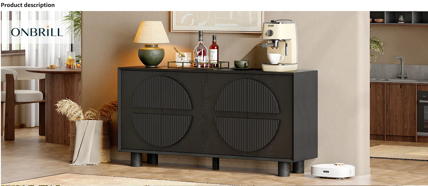 ONBRILL 63 Inch (160cm) Modern Fluted Buffet Cabinet - Storage Sideboard w/Push-Spring Doors, Entryway Dresser, Black