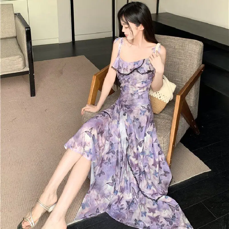 2025 الصيف 2 قطعة مثير السباغيتي حزام الحرير الساتان طباعة فستان للنساء الكورية سليم صالح والتخسيس مزاجه فستان أنيق #6