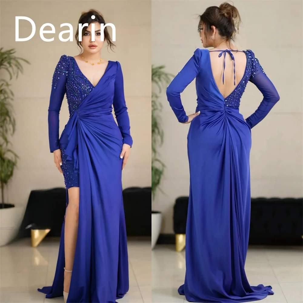 

Prom Dress Dearin V-neck A-line Floor Length Skirts Vertically Bespoke Occasion Dresses Evening Saudi Arabia Formal Gown