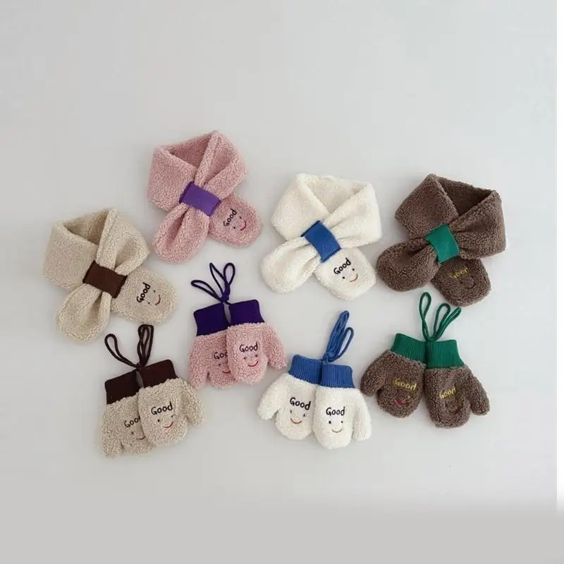 97BE conjunto luvas inverno para crianças meninos e meninas lenço lã cordeiro infantil cachecol presente para