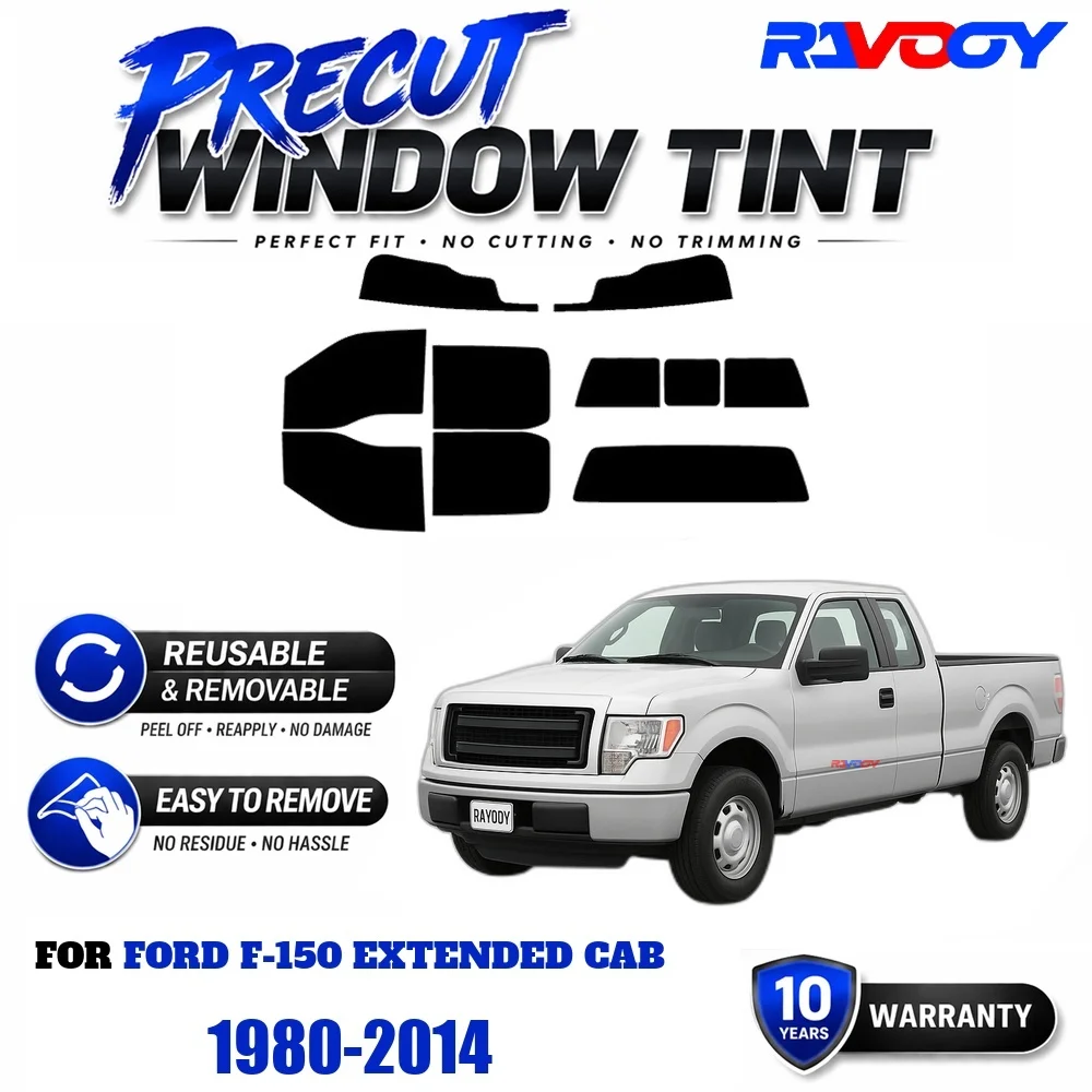 RAVOOY Precut Window Tint, Reusable Removable EPU Film, Custom Fit for Ford F-150 Extended Cab 1980-2014, UV Heat Protection