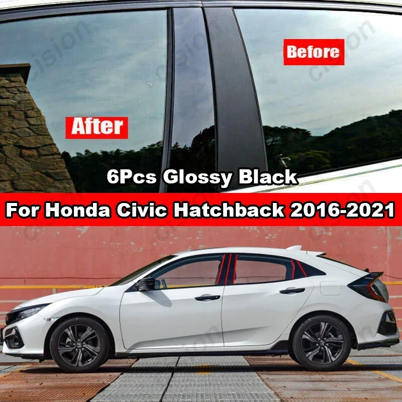 6Pcs Black Window BC Pillar Posts Trim Cover For Honda Civic Hatchback 2016-2021