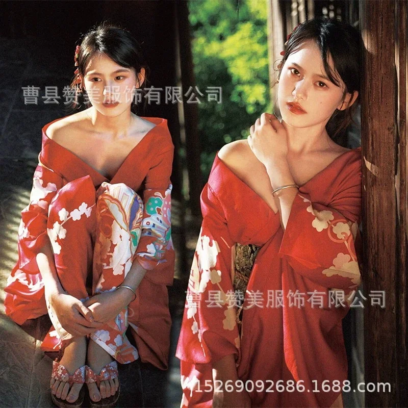 

Sexy Women Girls Japanese Traditional Kimono With Obi Red Color Flower Prints Long Sleeve Yukata Cosplay Stage Performing Dress
