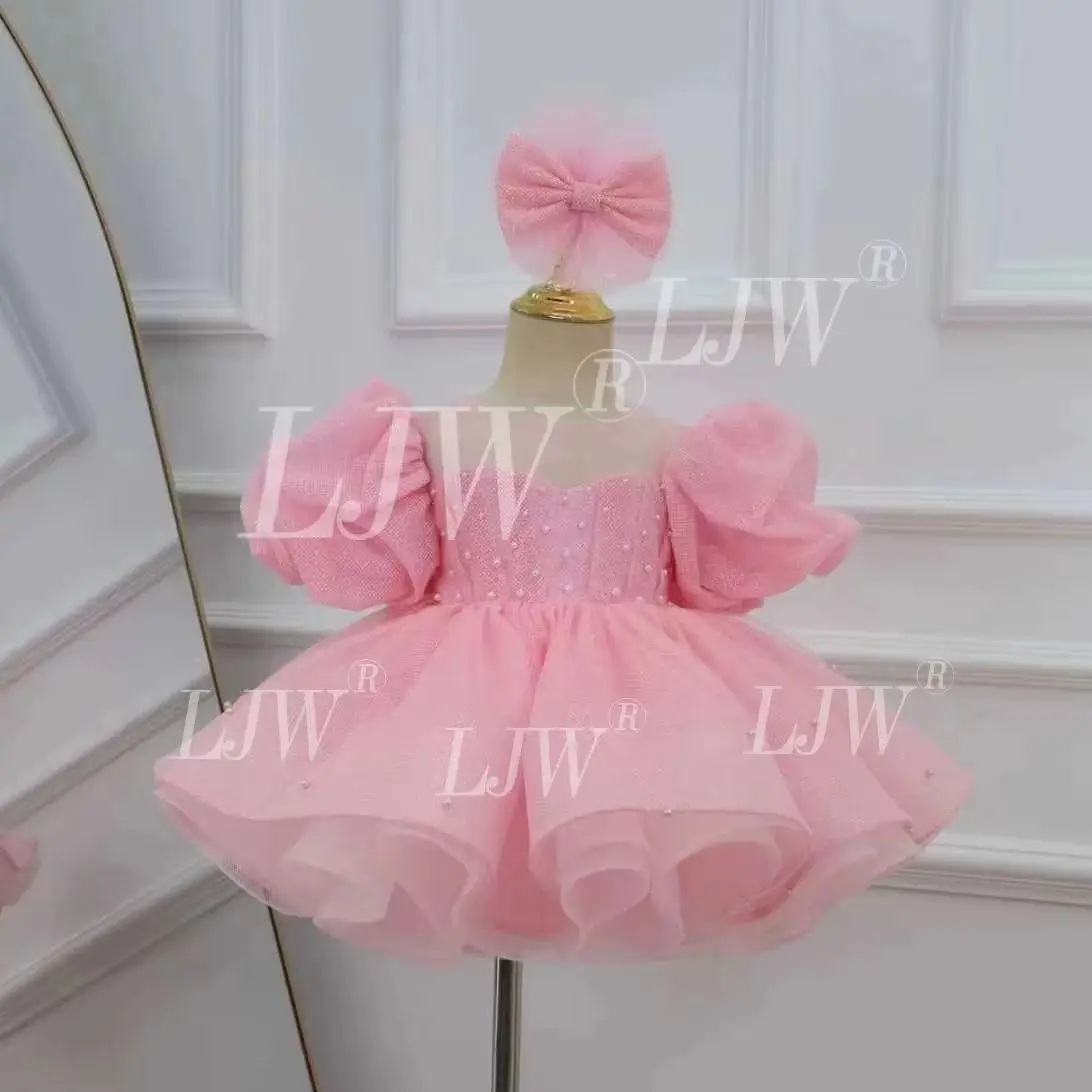 Toddler Girl Pink Shimmer Tulle Puff Sleeve Dress Pearl Beaded Fluffy Princess Gown Kids Wedding Birthday Party Dress  Flower Gi