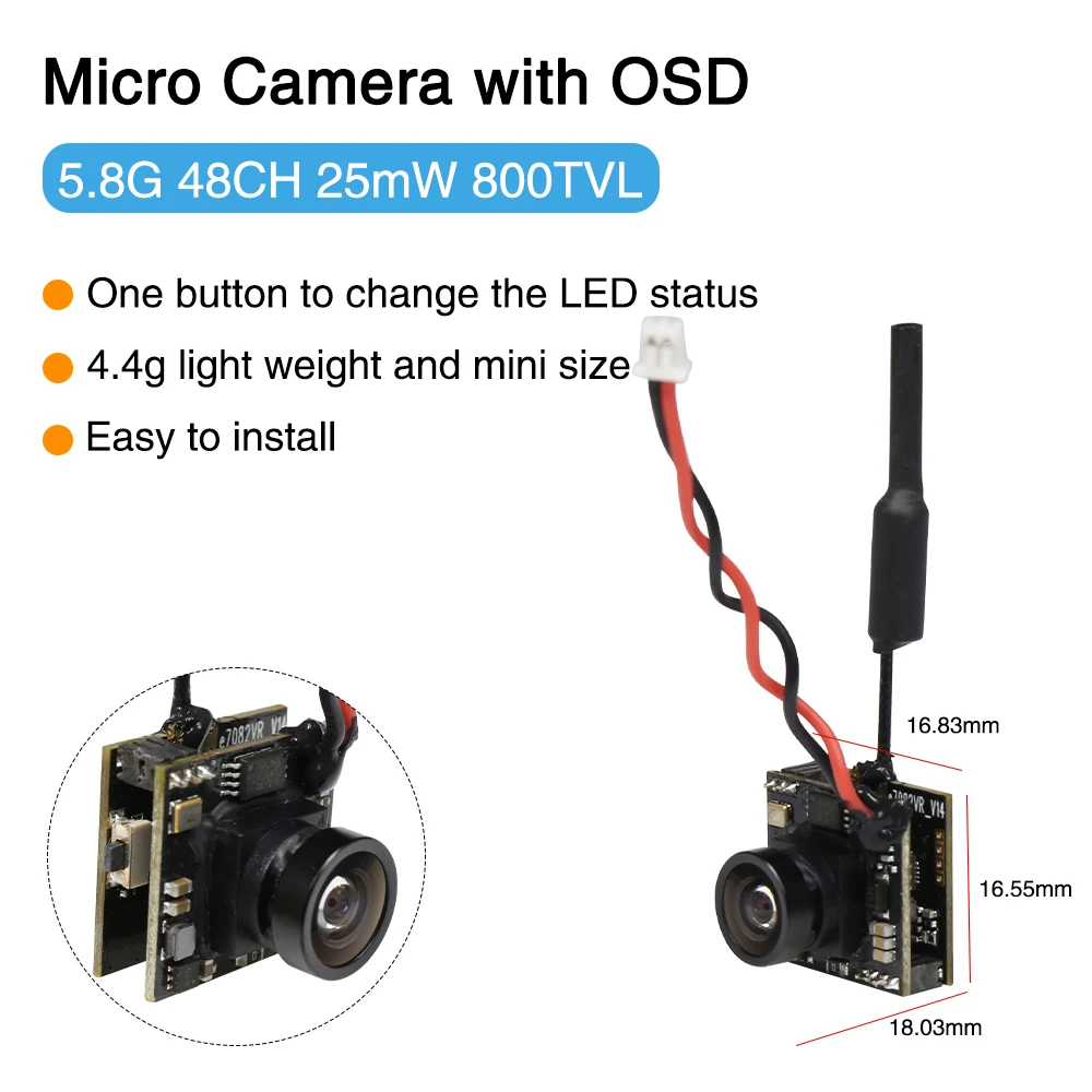 EWRF 800TVL Micro fotocamera con OSD 5.8G 40CH 200mW FOV170 CMOS AIO FPV fotocamera per Radiolink F121 Mini Racing Drone Quadcopter