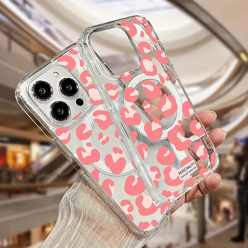 Etui z nadrukiem leoparda, przezroczyste, z obsługą ładowania bezprzewodowego MagSafe, do Samsung Galaxy S25 S24 S23 S22 Ultra Plus S21 FE, luksusowe, przezroczyste.