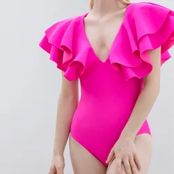 2026 New Sexy Off The Shoulder Solid Swimwear Women One Piece Swimsuit Female Bathing Suit Ruffle Monokini Swim Wear XL