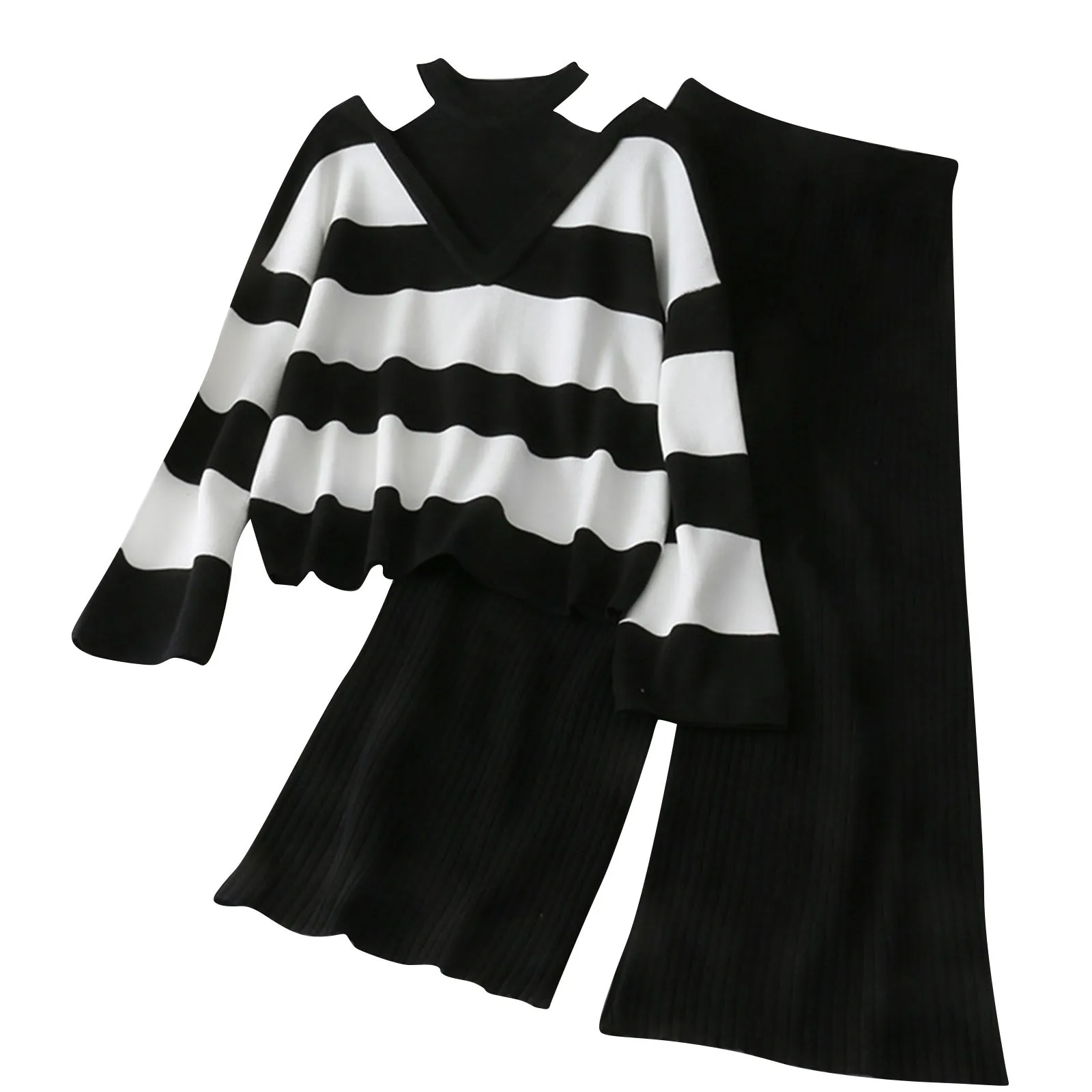 

Женский Брючный комплект из двух предметов, трикотажный топ в полоску с подвесным воротником, однотонные свободные широкие брюки с высокой талией, комплект из двух предметов