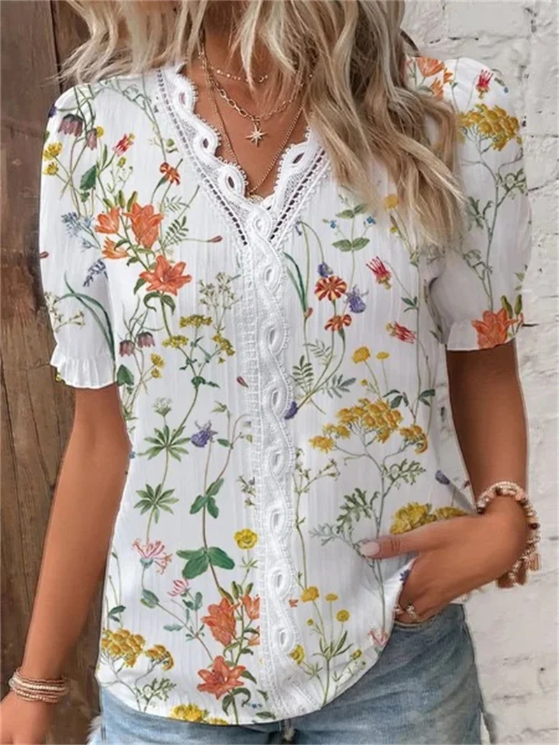 Floral Print Women\'s Blouses Fashion Sexy V-neck Casual Short Sleeve Tops Shirts Elegant Office Ladies Shirts Female Slim Blusas