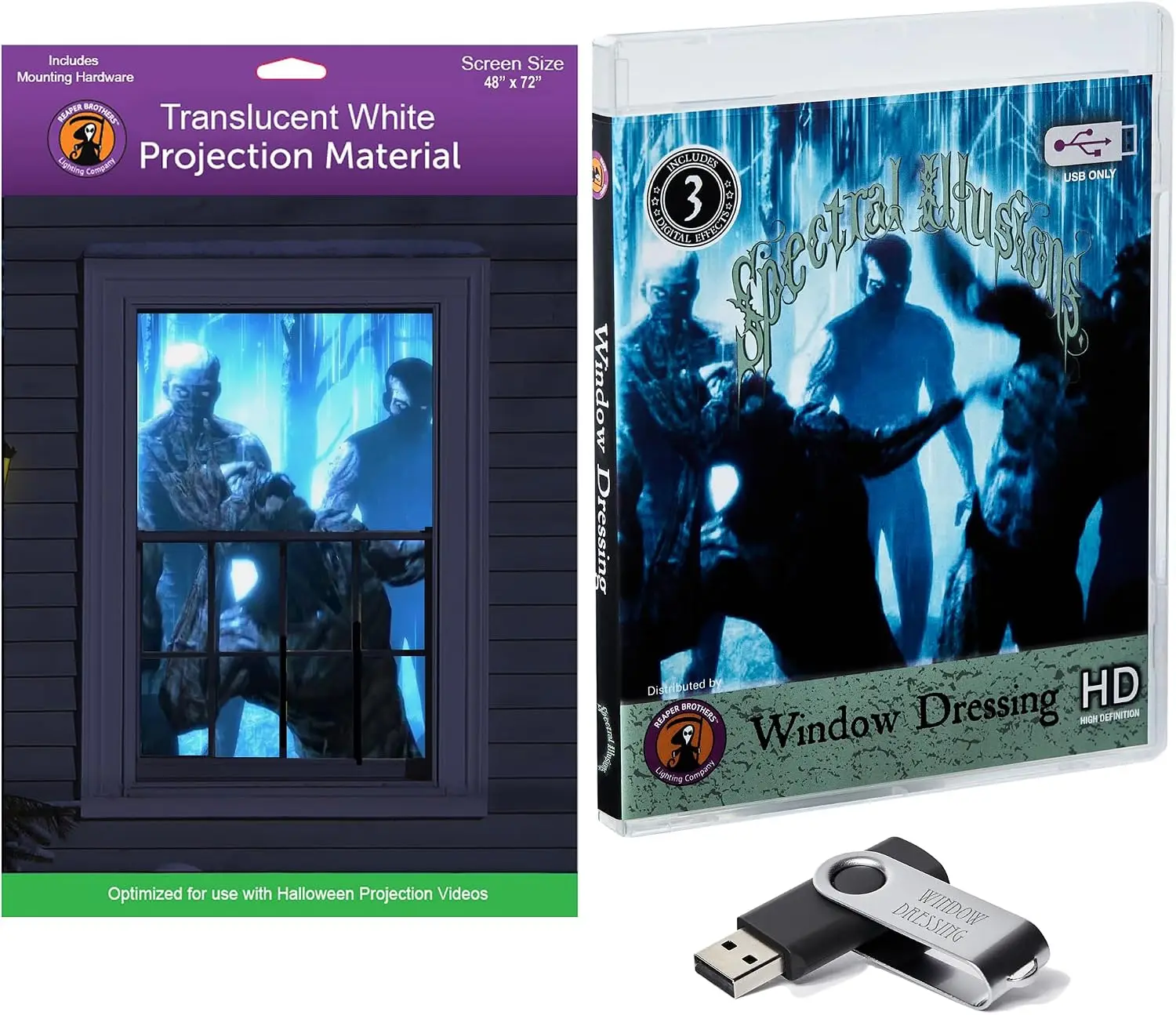 Halloween Window Dressing, Digital Decoration Video on USB, Includes 48" x 72" White Rear Projection Screen
