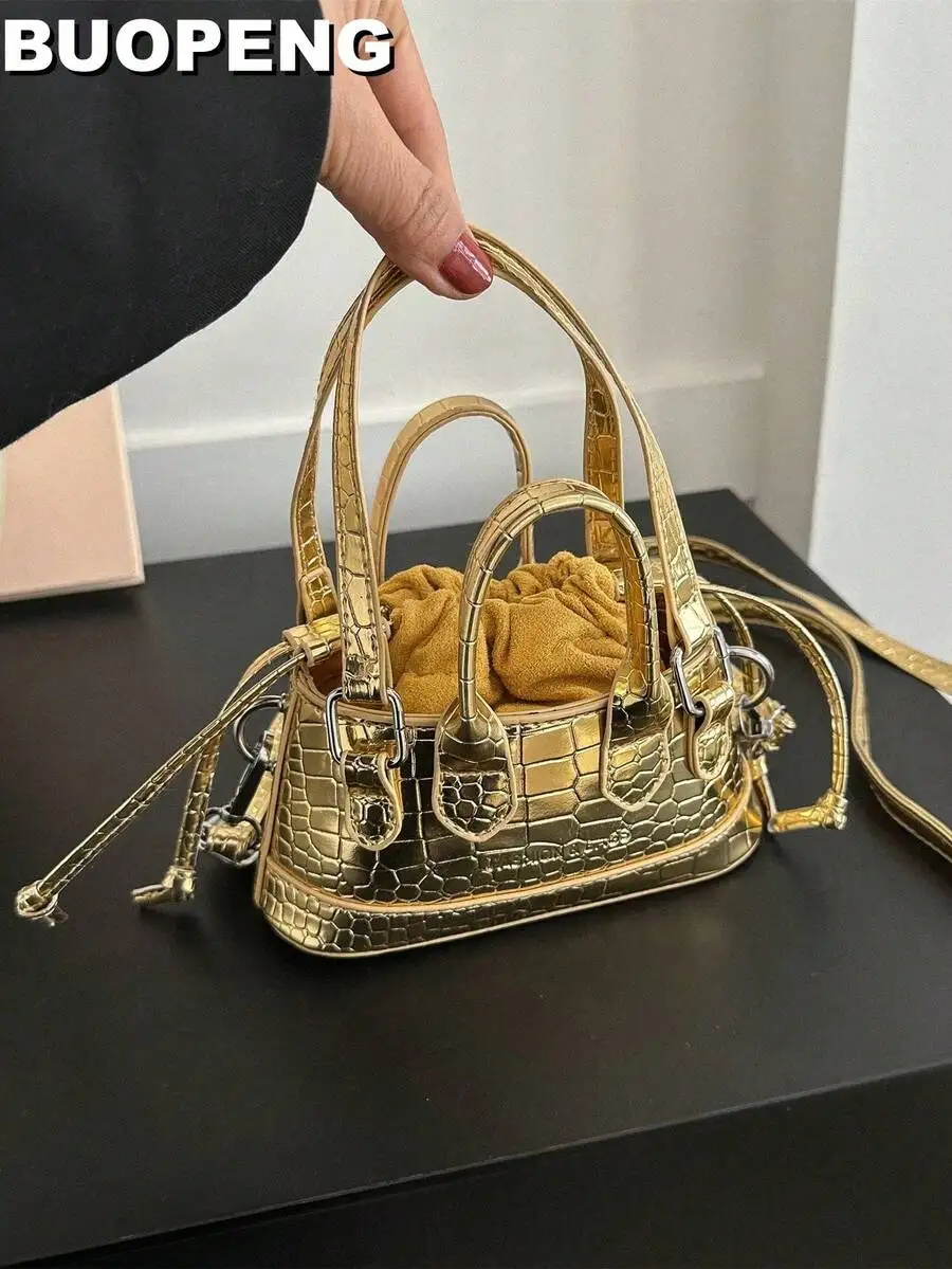 

Mini Square Top-Handle Bag with Croc-Embossed Gold PU & Drawstring Closure
