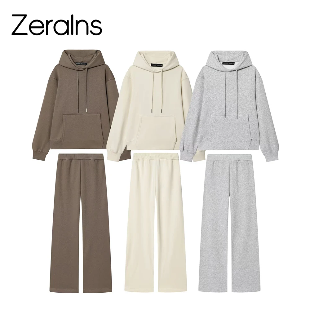 

ZERAINS Базовый осенний комплект с капюшоном и брюками для женщин, топ с капюшоном и длинными рукавами, фланелевые повседневные прямые брюки