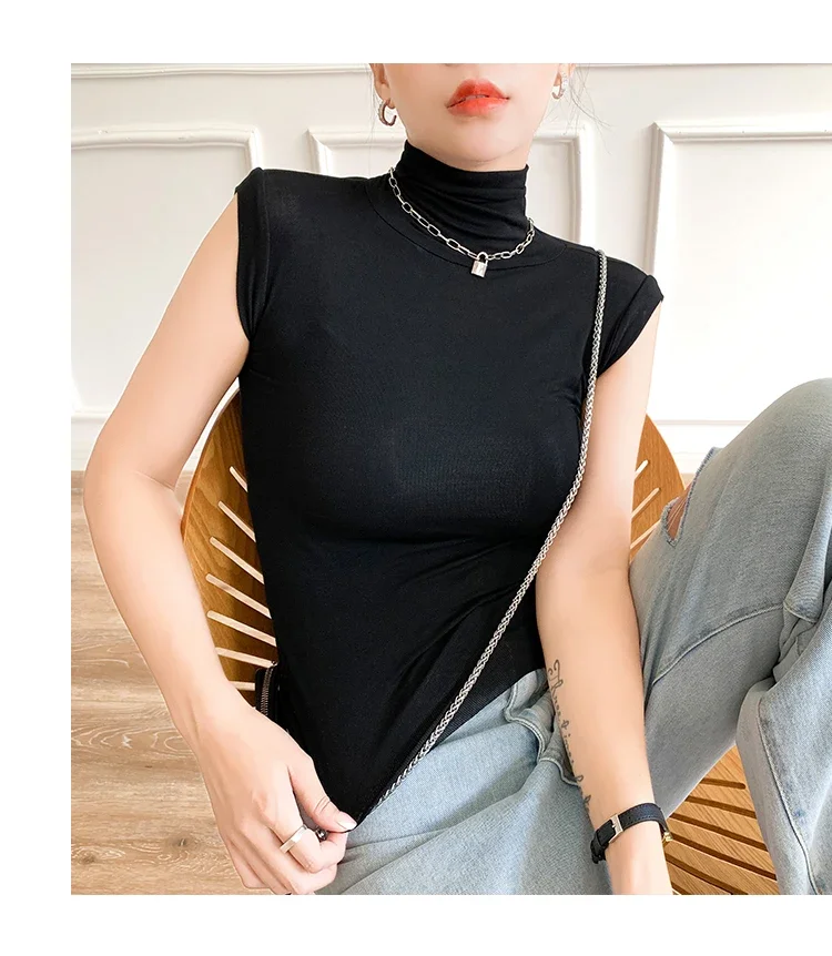 2026 Frühling Sommer Ärmelloses Rollkragen-T-Shirt für Damen Trendiges Vielseitiges Layering-Oberteil Stylisches Slim-Fit Basic-Unterhemd für Frauen – Detail 32