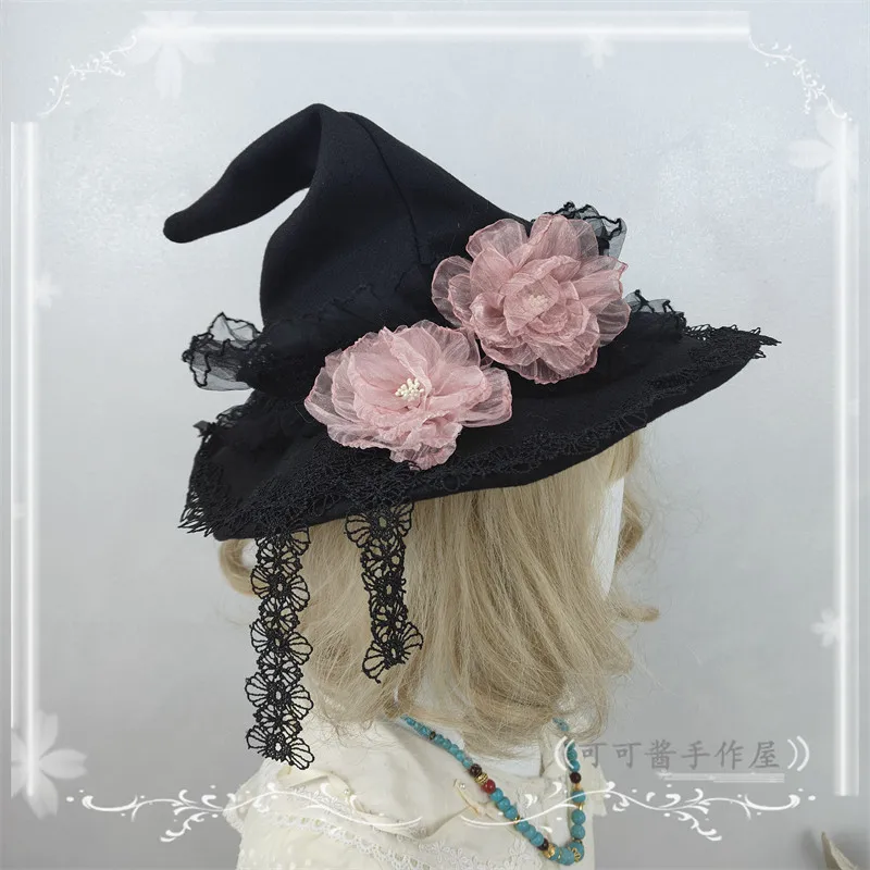 

Шляпы волшебника на Хэллоуин: Готическая шляпа Лолита с розами, белая, бордовая, для женщин, разноцветная, оригинальная остроконечная шляпа ведьмы