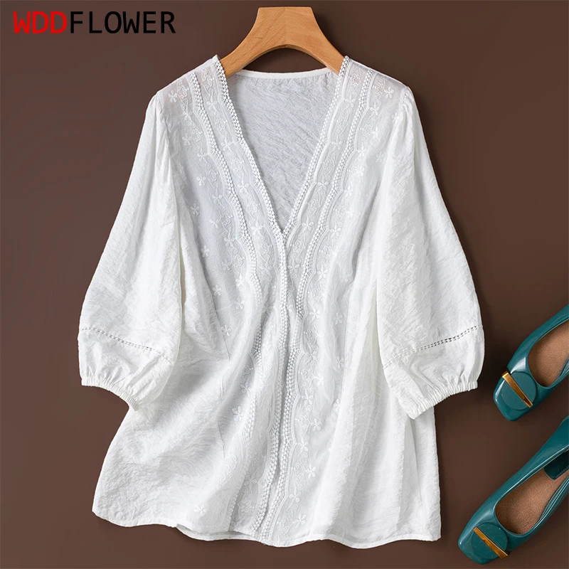 

76% Mulberry Silk 24% Nylon Half Sleeve White Color Lace V-neck Women Silk Shirt Casual Top Blouse Pullover Summer M1603