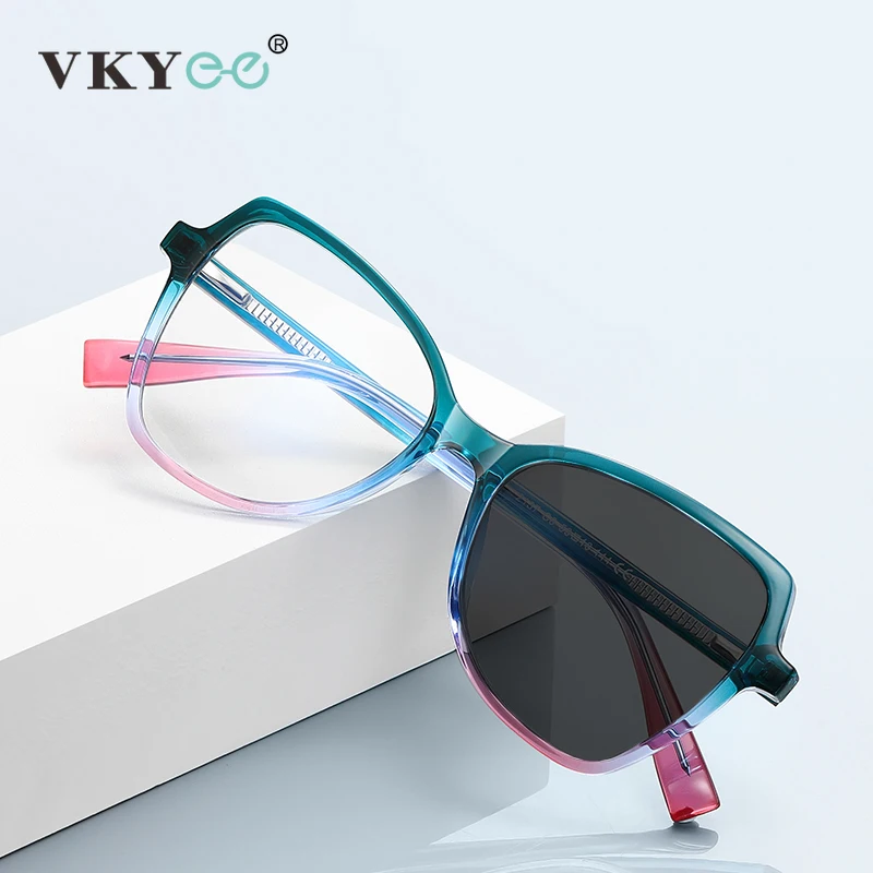 VKYEE Stylish Large Frame Women's Eyeglasses Geometric Design Anti-Blue Light Glasses Photochromic Customizable Prescription