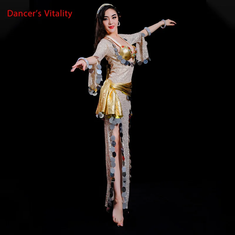 Oriental Dance Costume For Women Sexy Belly Dancing Skirt Professional Dancer Outfit Suit Gold Headdress Belt Dress 3peice S,M,L