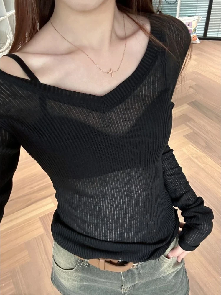 5 Colors T-shirts Women Slim Cozy Y2k High Street Vintage V-neck Solid Breathable Sun-proof Long Sleeve Knitwear College Summer