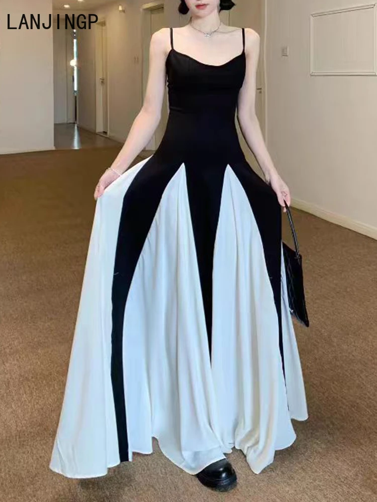 

French retro celebrity temperament dress black and white splicing waist pendulum long skirt black dress
