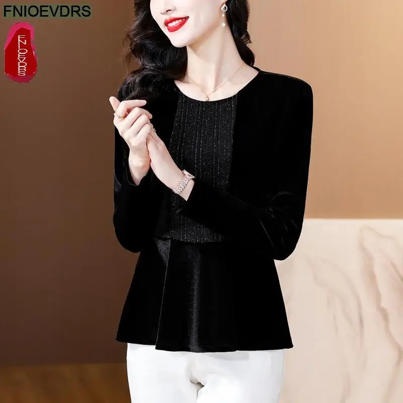 S-4XL Bling Black Tops Women Winter Basic Warm Wear New Design Retro Vintage French Design Peplum Shirts Velvet Tops Blouses