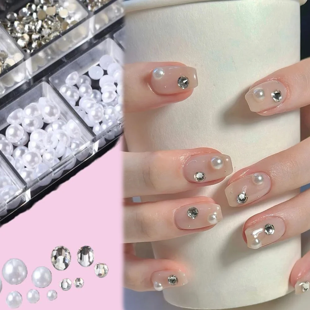 

12grids/box Half Round White Pearls Bead 3D Nail Charms Mixed White Flatback Pearl SS4-SS16 Round Nail Jewelry DIY Nail Gems Kit