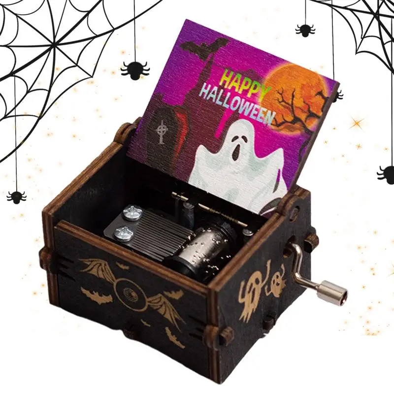 صندوق موسيقى للهالويين مع كرنك يدوي ، صندوق موسيقي خشبي عتيق ، ريشة