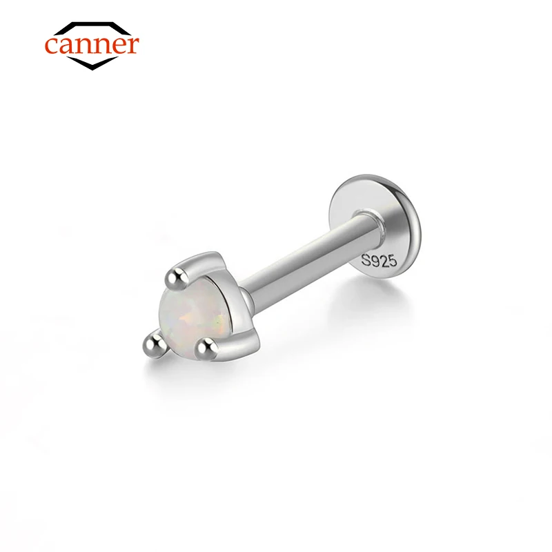 CANNER 1piece Minimalist Opal 925 Silver Piercing Cartilage Flat Back Stud Earring for Women Wedding Fine Jewelry Accessories