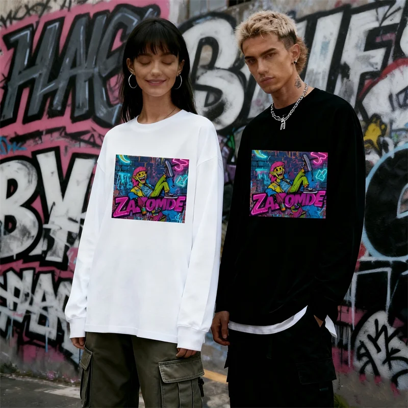 ZAZOMDE Korean Vintage Comic Print Cotton Long Sleeve T Shirt Men Women Streetwear Tee Soft Breathable Fabric Loose Fit Casual