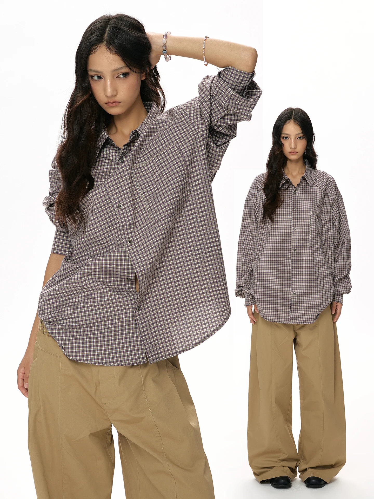 

НДС Американский Ретро Низкая Насыщенность Плед Пригородный ирt Женский Свободный Повседневный Ленивый Длинный Све Внутренняя Одежда irt Хлопок Полиэстер...