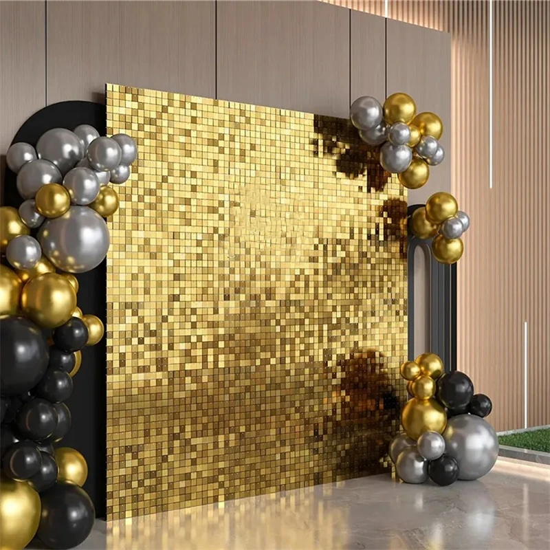 8pcs Golden Sequin Backdrop Panels for Wedding Party Background Wall Decor Shimmer Laser Backdrops Flower Wall Curtain 30x30cm