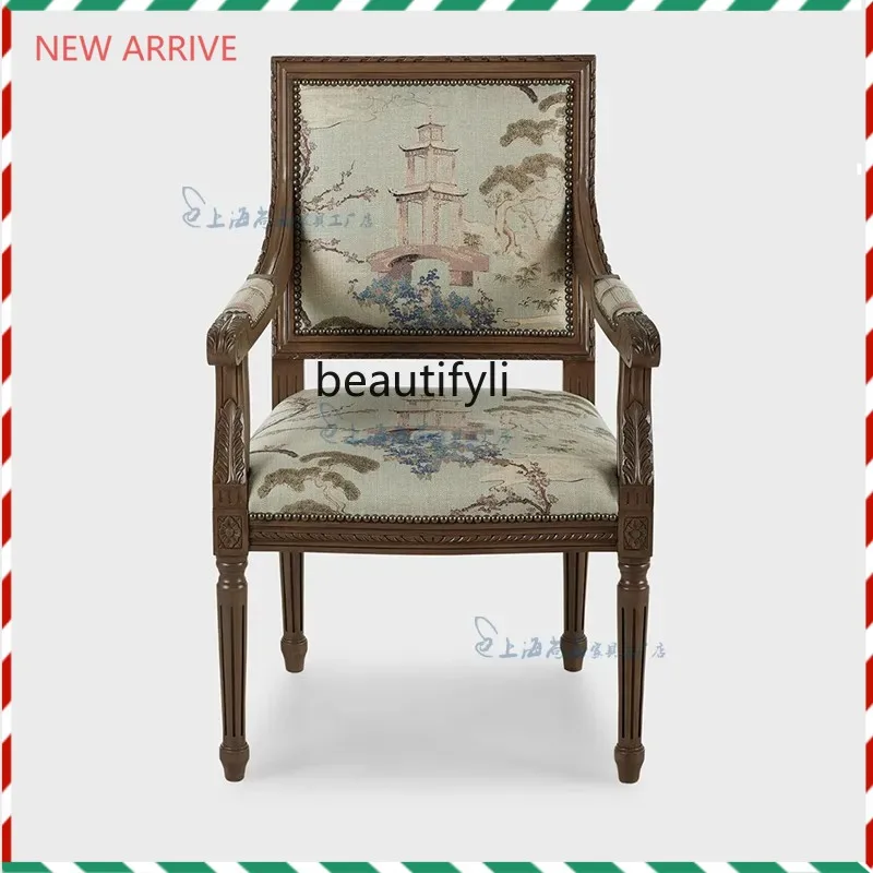 

V132 American retro solid wood dining chair armrest chair high-end printing soft bag backrest stool
