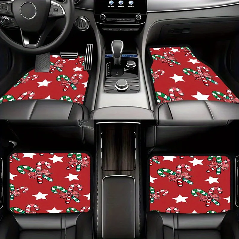 

4pcs Christmas Car Floor Mats- Candy Cane& Star Pattern, Red& Green Holiday Design- Fit For All Vehicles- Easy To Clean- Perfect