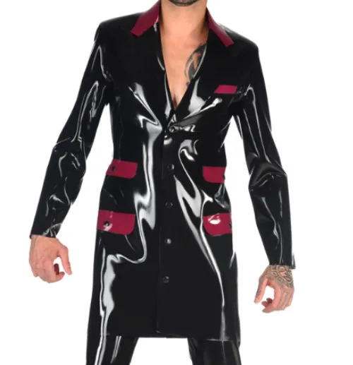 

Latex 100%Rubber Gummmi Black jacket suit long dovetail role play party hand customized 0.4mm XS-XXL