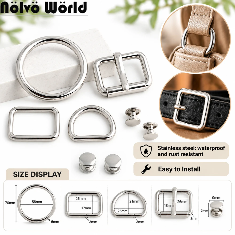 10/30/50PCS Stainless Steel Pin Buckle Rivet D Ring Square Ring For Bag Strap Adjust Roller Clasp Keychain Loop Hook Accessories