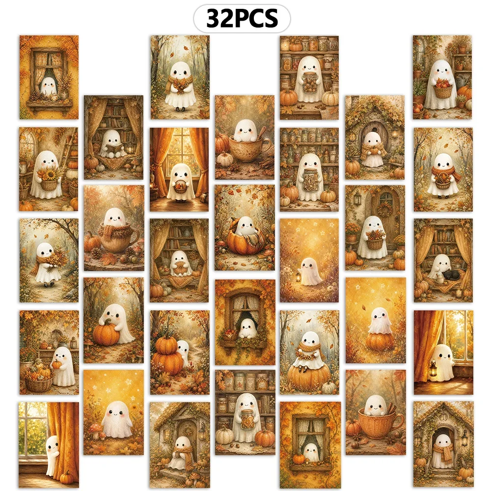 32pcs, Warm Brown Autumn Ghost Postcards, Wall Stickers, Mailing Cards, Greeting Cards, DIY Postcards, Commemorative Postcards, image 5