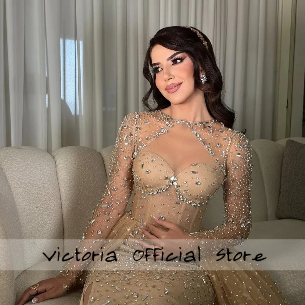 Vestido de noche lujoso desnudo de Dubai de manga larga con diamantes de imitación color champán con cuentas vestido de novia 2025 vestido de fiesta فساتmaveraPersonalizzato