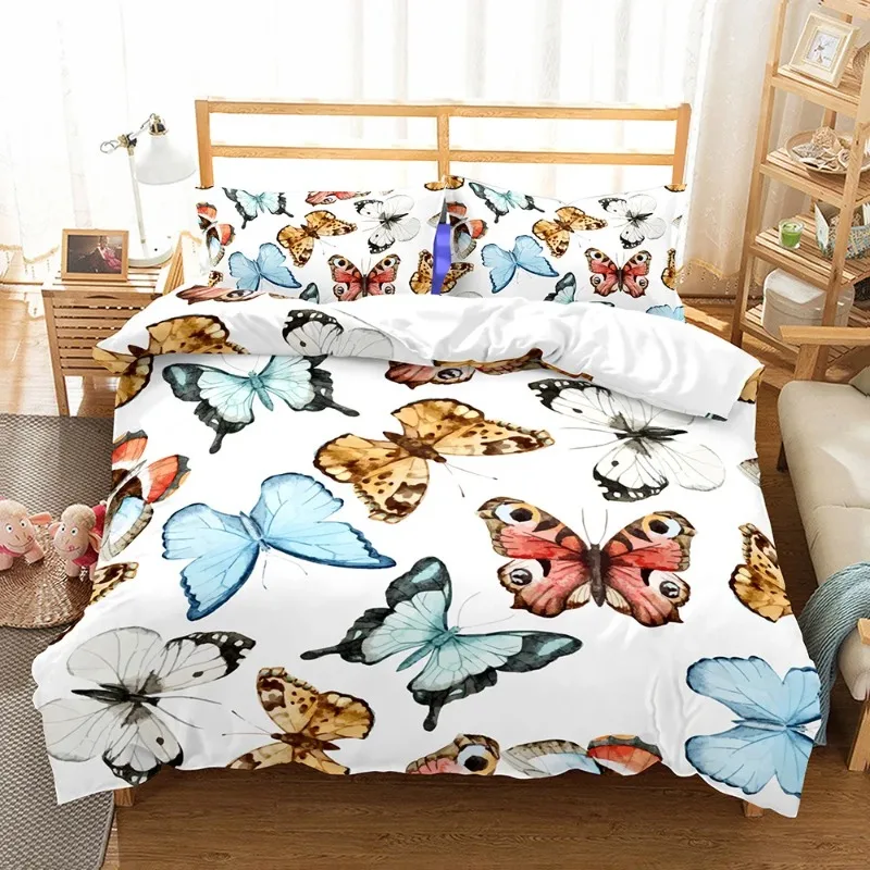 Printed Skull Cartoon Duvet Cover Set With Pillowcases Color Butterfly Queen White Double Beddding Home Textile Modern Style