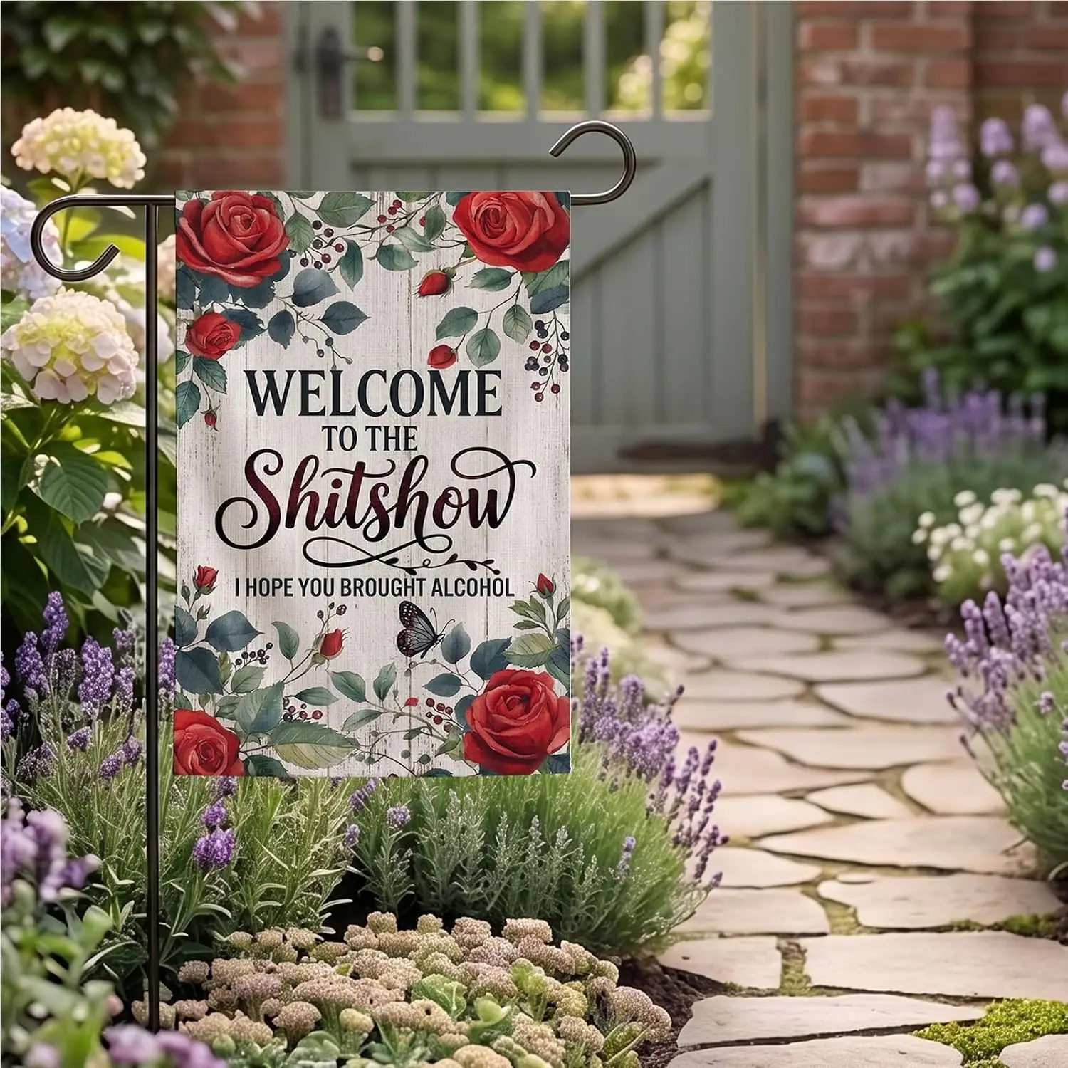 Welcome to the Shitshow I Hope You Brought Alcohol Garden Flag 12x18 Double Sided, Humorous Heavy Duty Burlap Yard Flag for  aaz