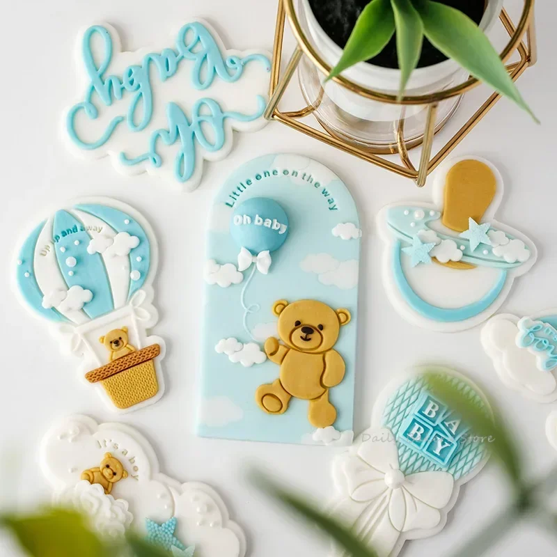 Cartoon Baby Shower Party Cookie Embosser Stamp Oh Baby Bear Cloud Hot Air Balloon Cookie Cutters and Embossers for Boy Birthday