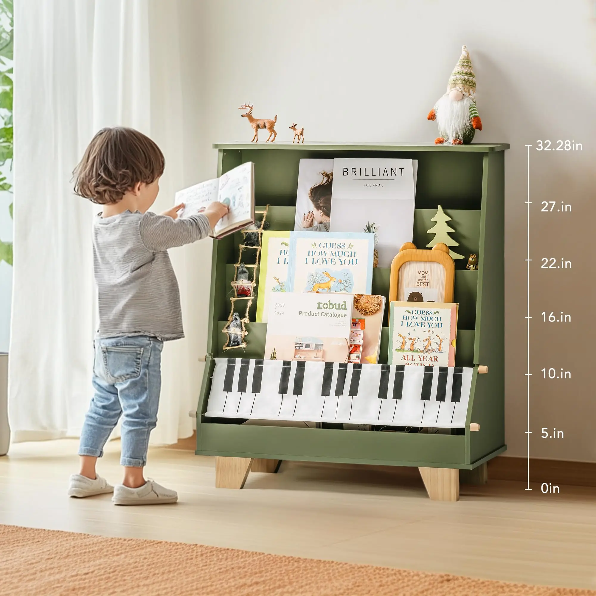 ROBOTIME Scaffale per bambini a 4 livelli Scaffale per bambini per aule Salle giochi Libreria per bambini in legno Stoccaggio anteriore e posteriore per bambini