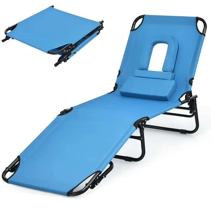 

Folding Beach Lounge Chair w 5 Adjutable Backrest Padded Pillow, Sunbathing Lounger Chair, Sun Tanning Lay Flat Chair for Seasi