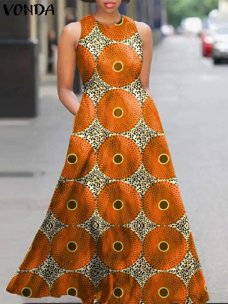 

Plus Size 5XL VONDA Summer Dress Elegant Printed Bohemian Long Maxi Dress Women Sleeveless Sexy Holiday Beach Vestidos Robe