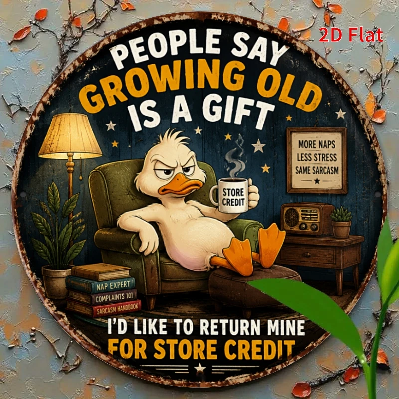 2D Flat - [2Dflat], 1pc 20X20Cm- Funny Growing Old Duck Tin Sign, Sarcastic Elderly Humor Decorative Signs for Living Room Man C