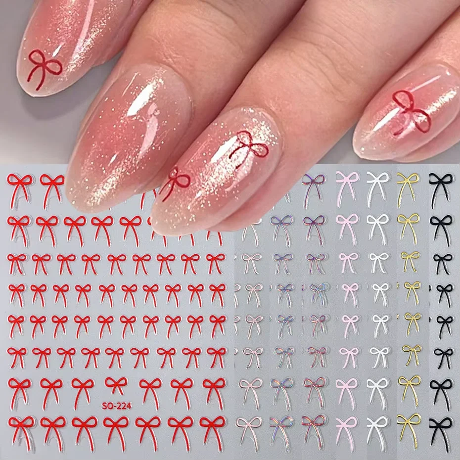 8 peças de adesivos de unhas com laços coloridos, 3D, laços fofos vermelhos, pretos e rosa, folhas decorativas para unhas, efeito laser dourado Y2K, decoração de manicure com laços.