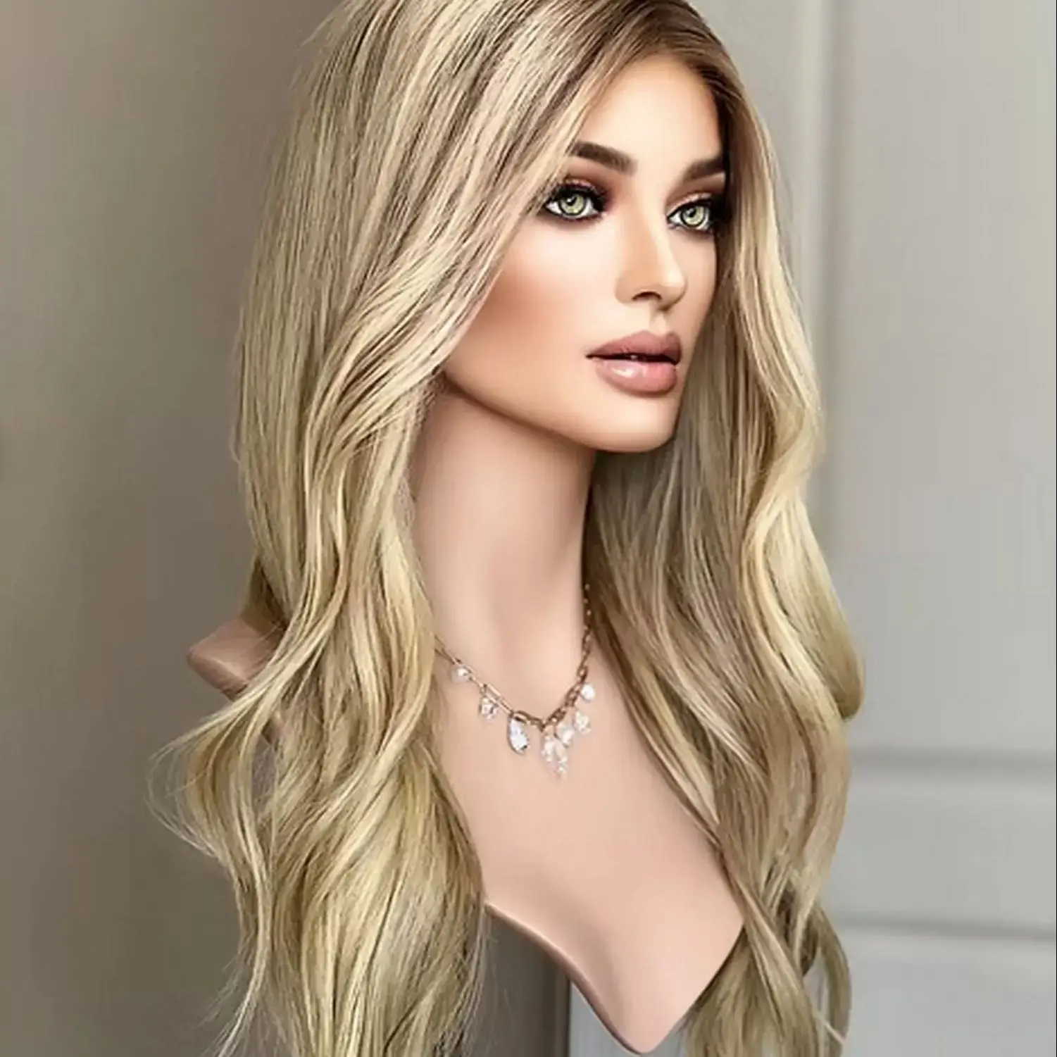 

Парики для вечеринок Новый стиль Ombre Светло-русый длинный свободный волнистый синтетический кружевной фронтальный парик Высокое качество Высокотемпературный шелк