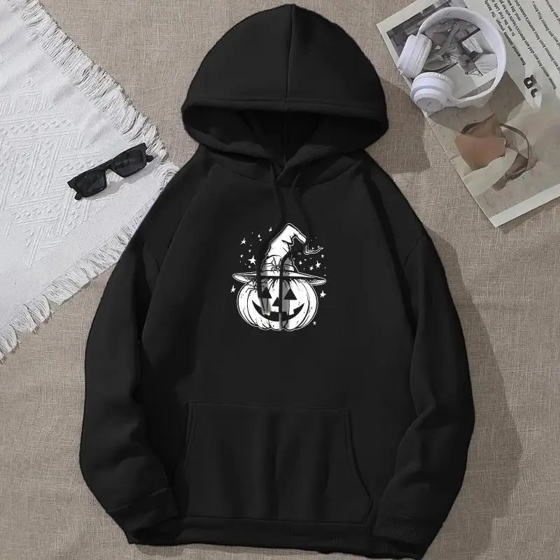 Halloween Print Hoodie, Drawstring Fashion Hooded Sweatshirt For Winter & Fall, Women's Clothing