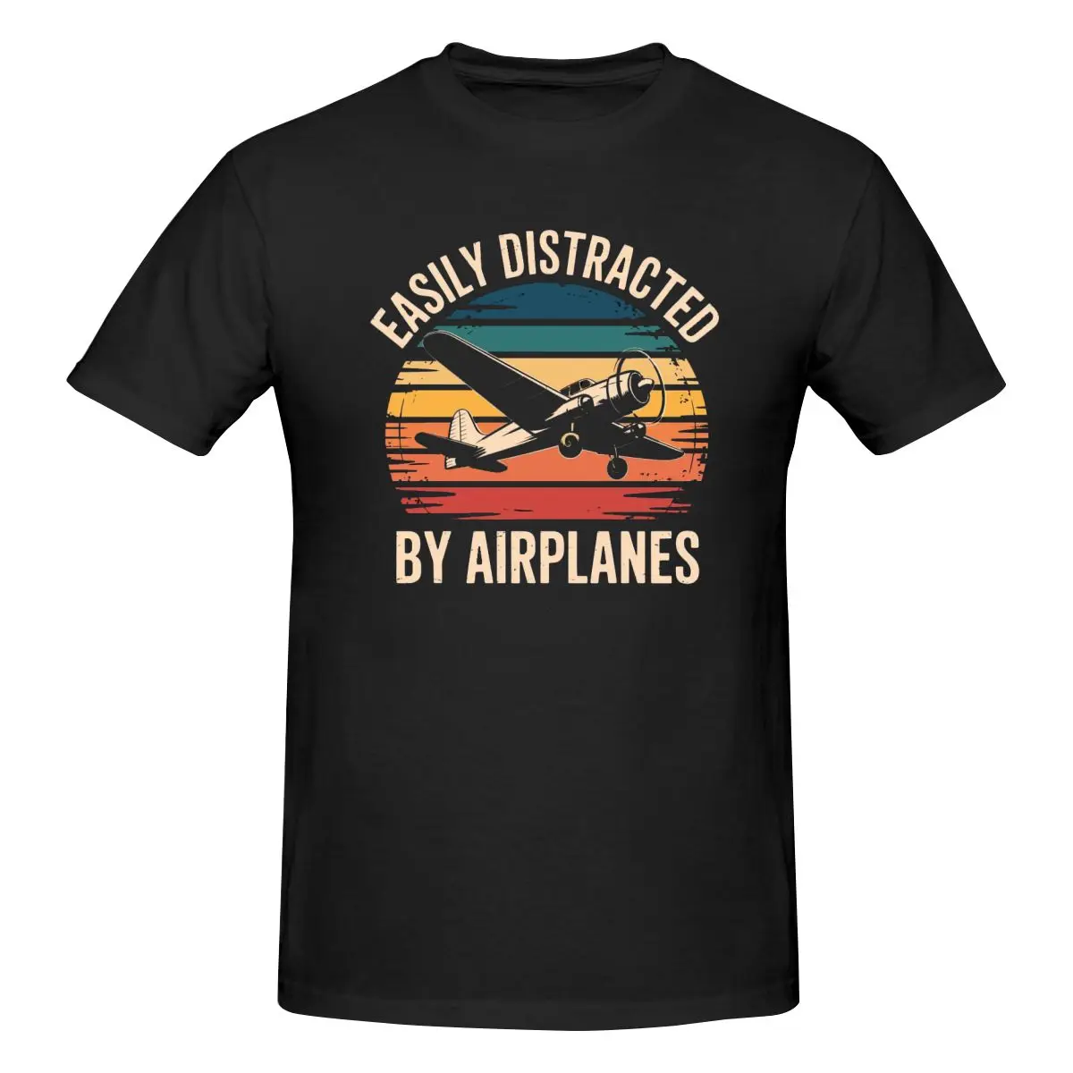 Men Easily Distracted By Airplanes T-Shirt Regular Fit 100% Cotton Short Sleeve T Shirt Crew Neck Casual Tee Shirt