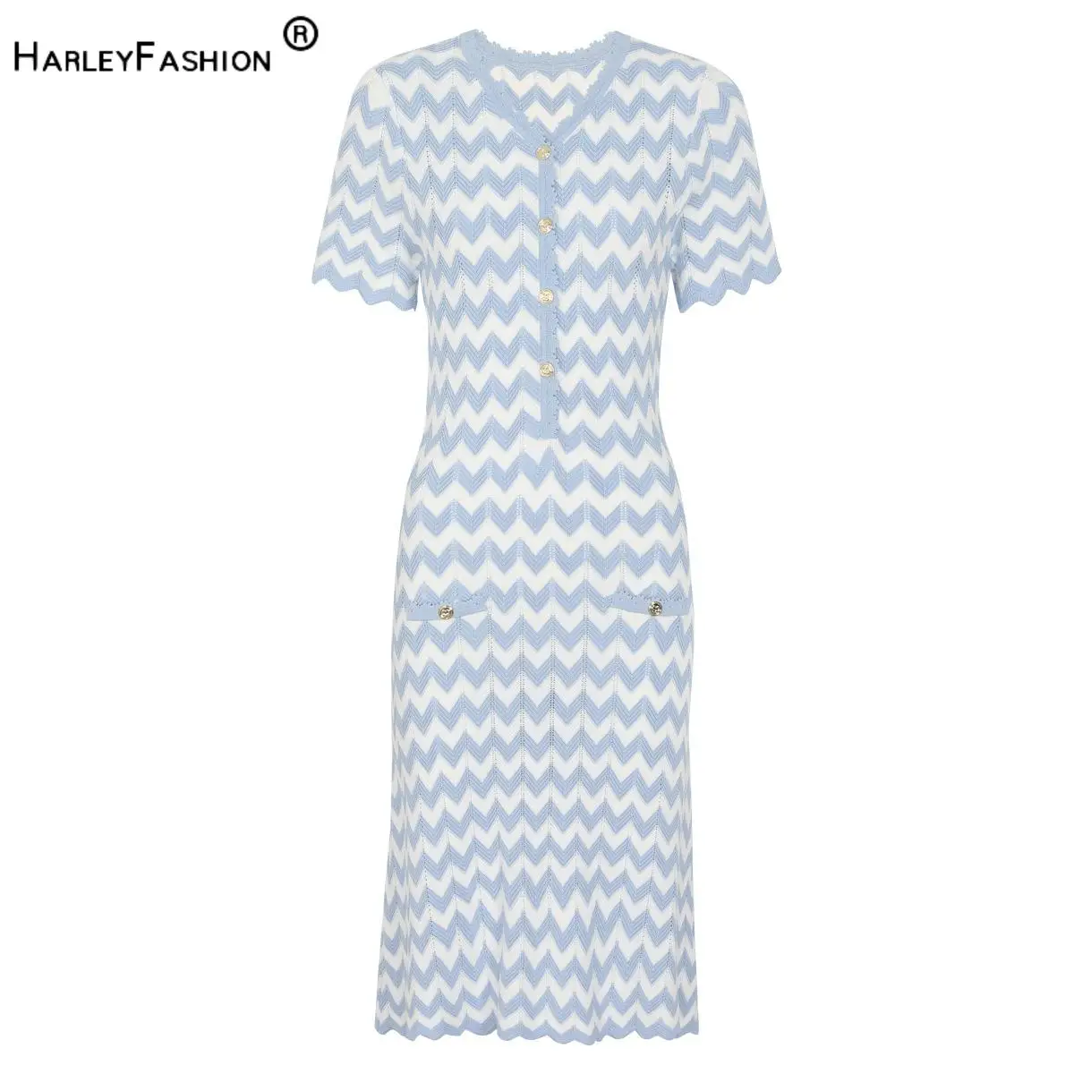 2026 High Quality Lady Summer Elegant Style Colorblock Wavy O-neck Short Sleeve Casual Wear Knits Midi Dress for Women