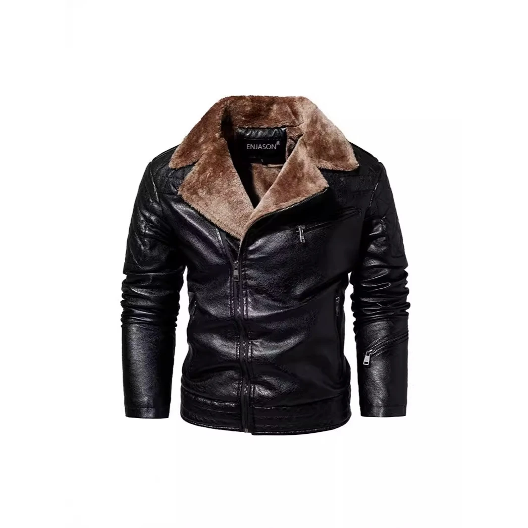 

Men's PU Leather Jaet Fur Collar Motorcycle Faion Large Size Coat Cotton Fabric Winter Long Sve Zipper Closure