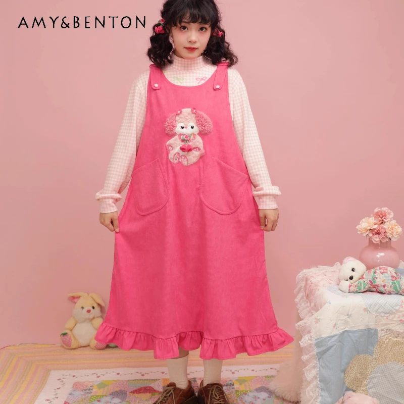 

Autumn Winter New Rose Red Cute Corduroy Women's Dress Japanese Design Animal Print Large Pocket Sleeveless Sling Dresses Ladies